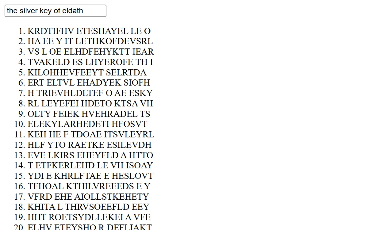 A numbered list of scrambled versions of a phrase