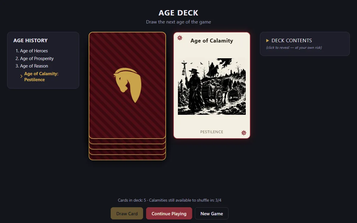 The Age Deck showing a drawn Age of Calamity: Pestilence card beside the history of earlier ages