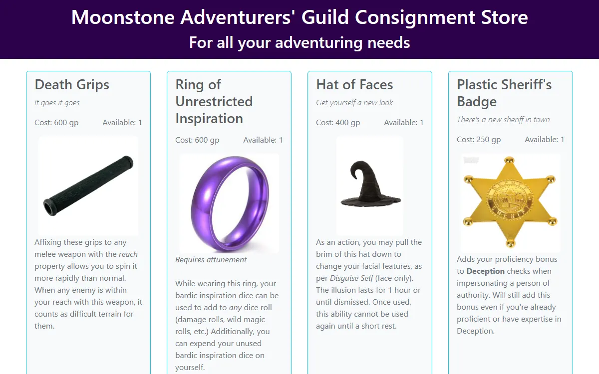 A shop page of magic items, each with a price and a description