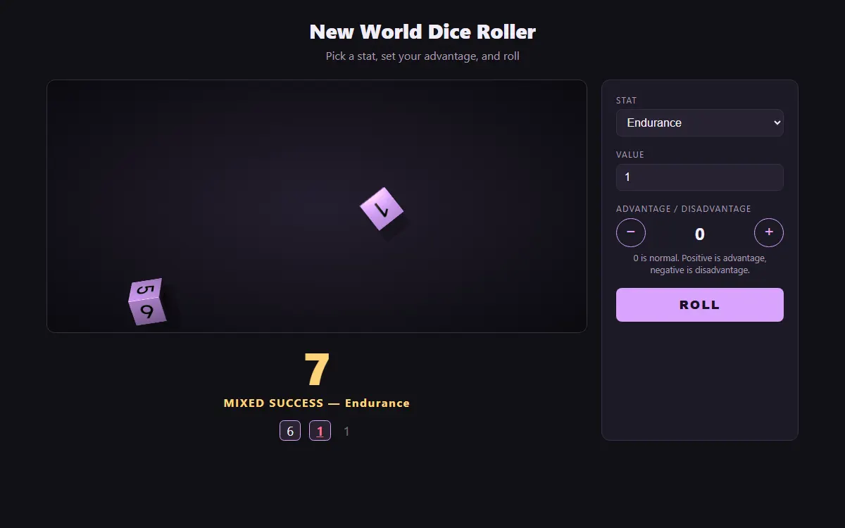 The New World dice roller showing a failed Endurance check