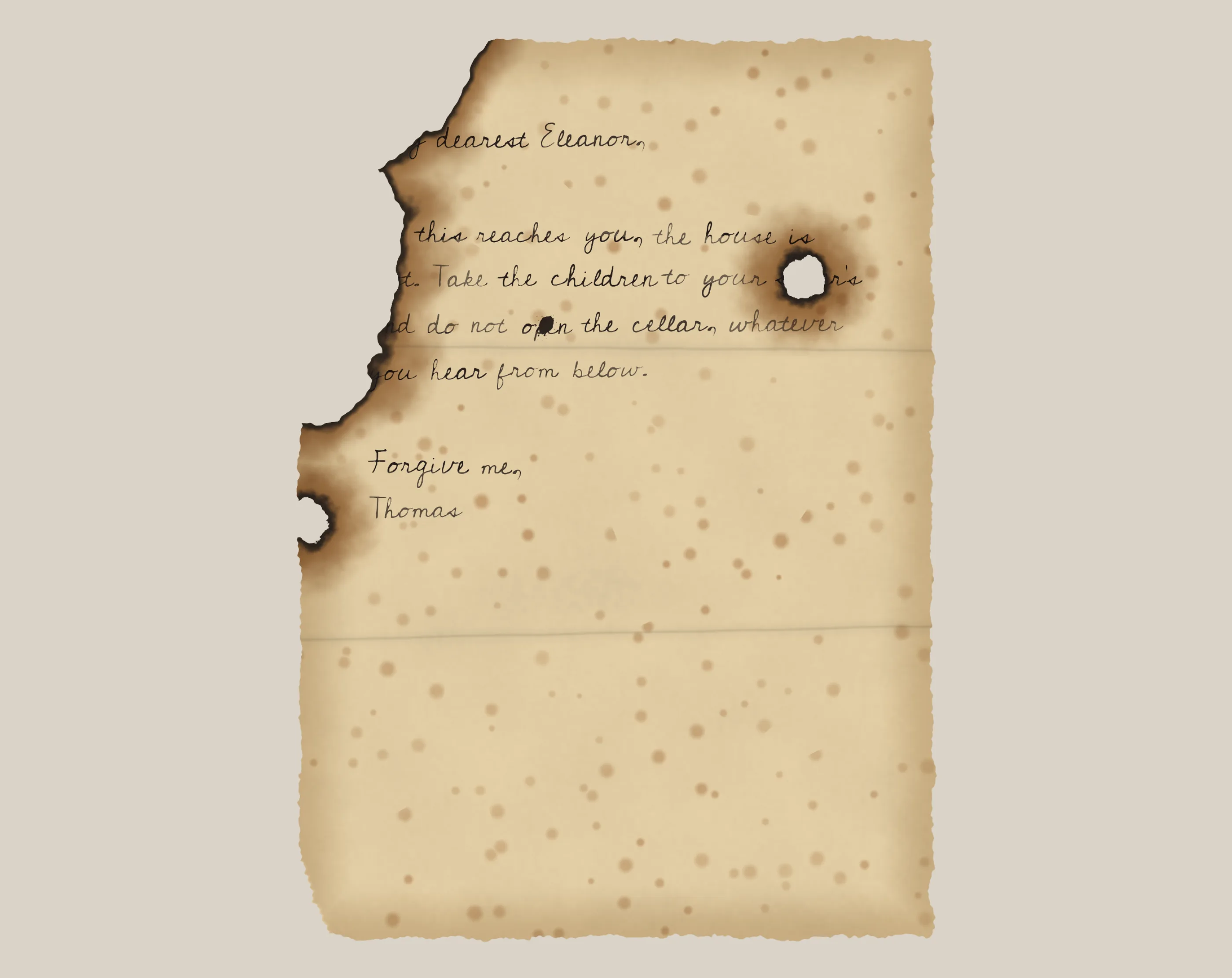 A burnt, water-stained letter generated by Stele, with part of the text lost to the flames