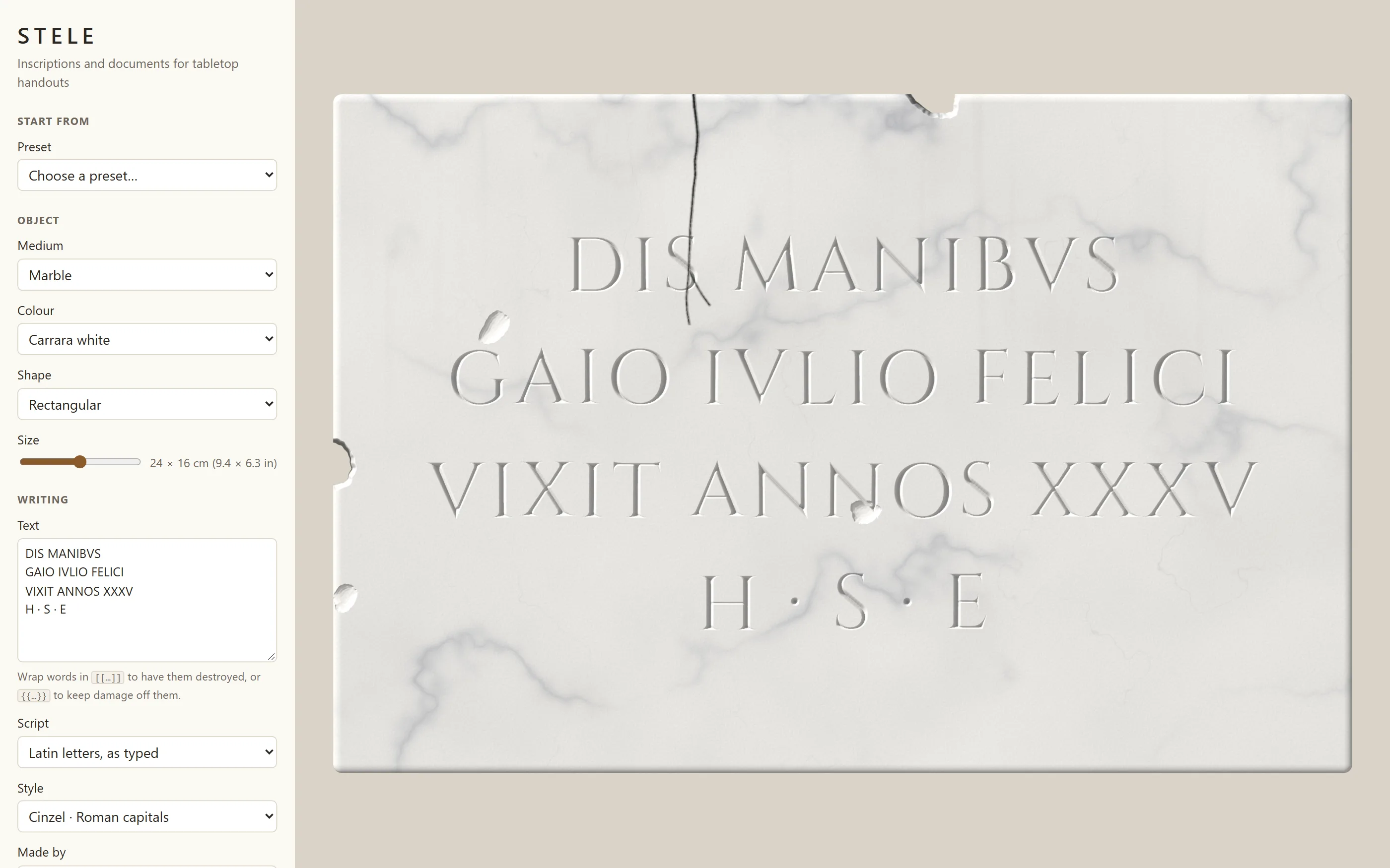The Stele editor, with a carved marble epitaph beside its controls